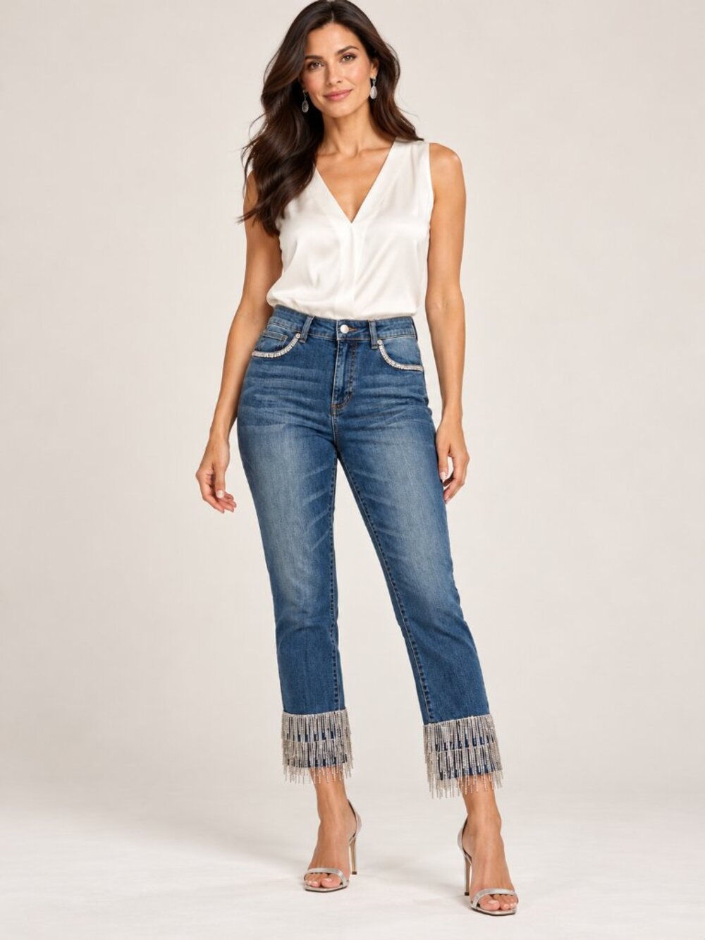 Boston Proper Jeans with Rhinestone Fringe in Hem.